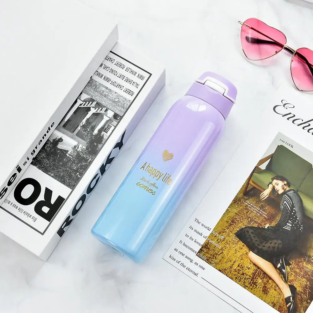 Bpa-Free 500Ml Insulated Vacuum Flasks Sports Bike Thermals Straw Cup Portable Rope Thermos Water Bottle Coffee Mug Travel